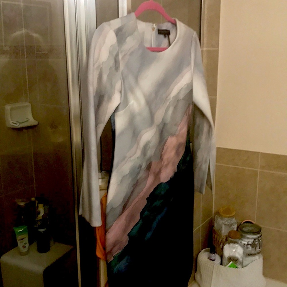 donna karan new york size 4 lycra dress in watercolors grey pink & blue